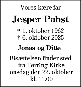 Dødsannonce for Jesper Pabst