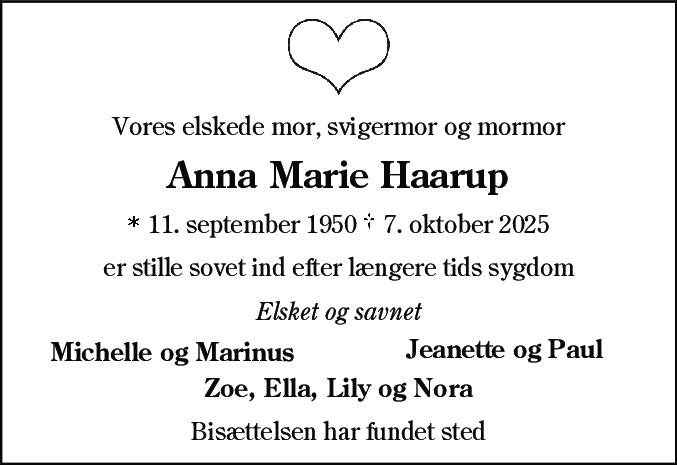 Dødsannonce for Anna Marie Haarup