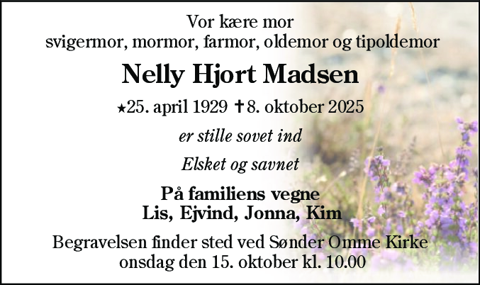 Dødsannonce for Nelly Hjort Madsen