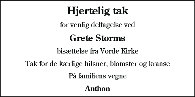 Dødsannonce for Grete Storm