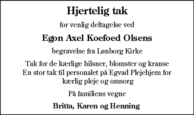 Dødsannonce for Egon Axel Koefoed Olsen