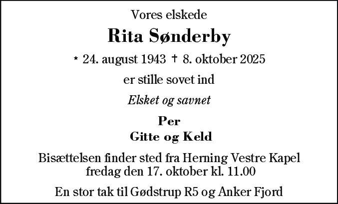 Dødsannonce for Rita Sønderby
