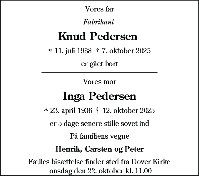Dødsannonce for Knud og Inga Pedersen