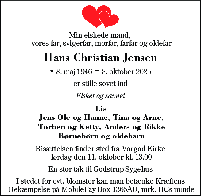 Dødsannonce for Hans Christian Jensen