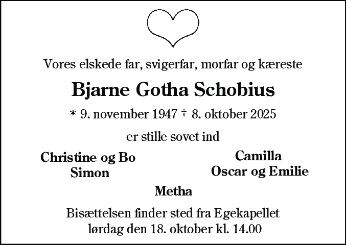 Dødsannonce for Bjarne Gotha Schobius