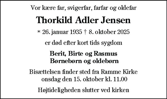 Dødsannonce for Thorkild Adler Jensen