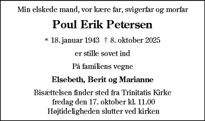 Dødsannonce for Poul Erik Petersen