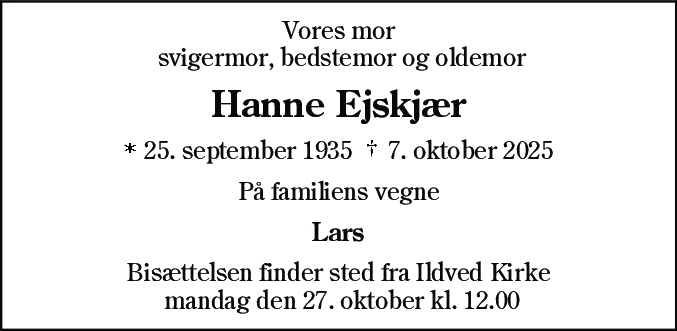 Dødsannonce for Hanne Ejskjær