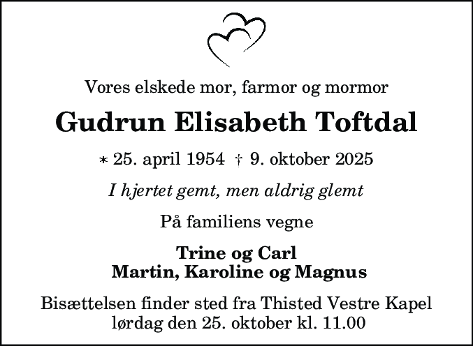Dødsannonce for Gudrun Elisabeth Toftdal