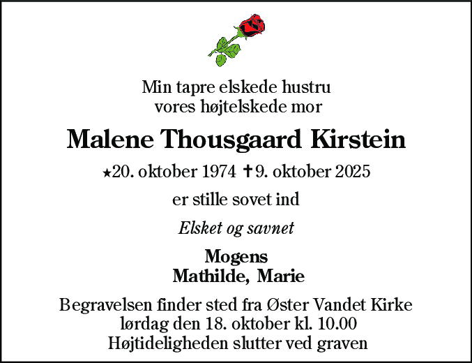 Dødsannonce for Malene Thousgaard Kirstein