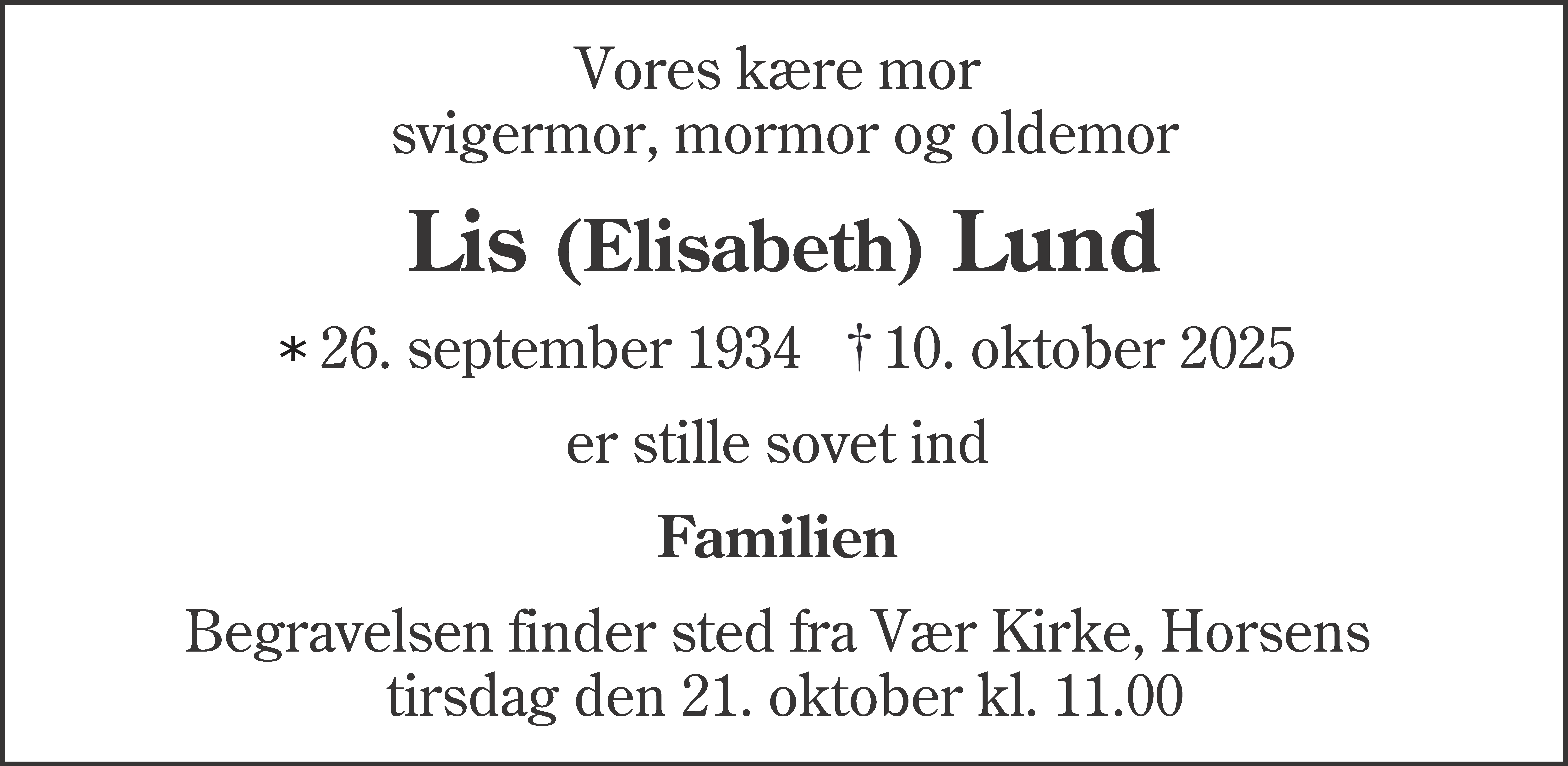 Dødsannonce for Lis Elisabeth Lund