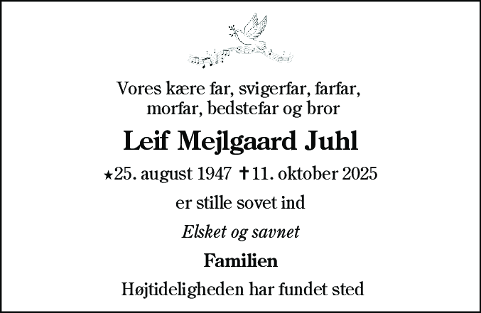 Dødsannonce for Leif Mejlgaard Juhl