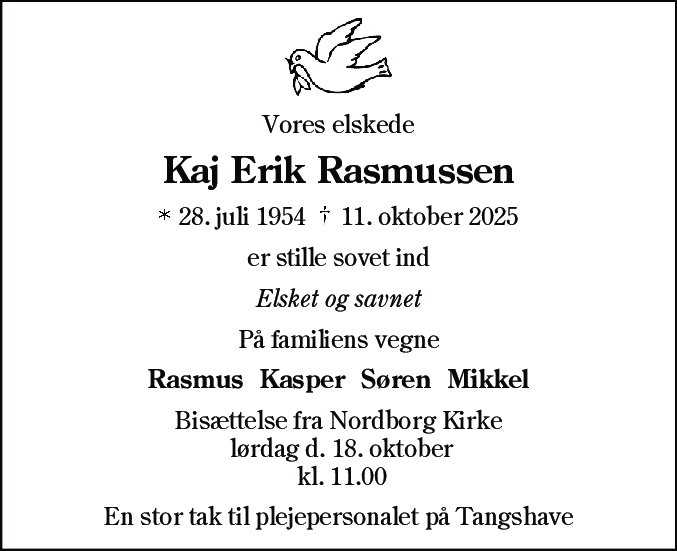 Dødsannonce for Kaj Erik Rasmussen