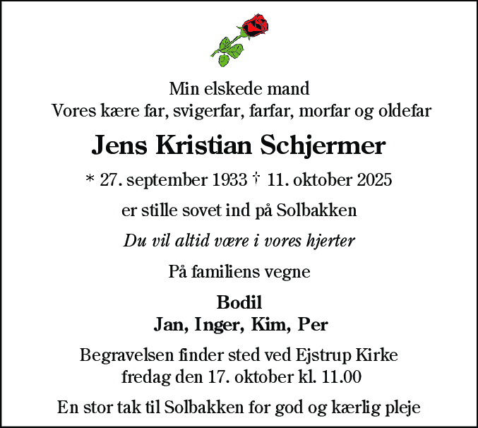 Dødsannonce for Jens Kristian Schjermer