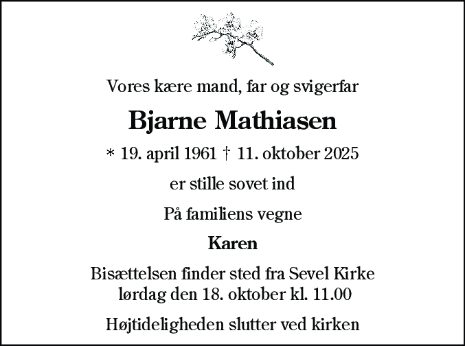 Dødsannonce for Bjarne Mathiasen