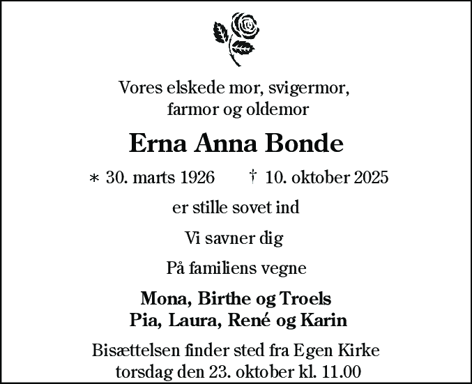 Dødsannonce for Erna Anna Bonde