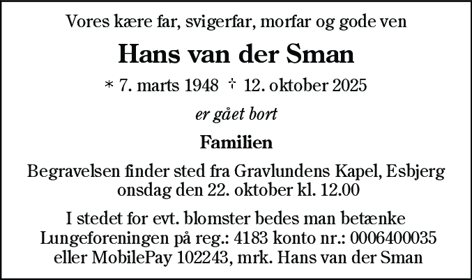 Dødsannonce for Johannes Hendricus Maria van der Sman