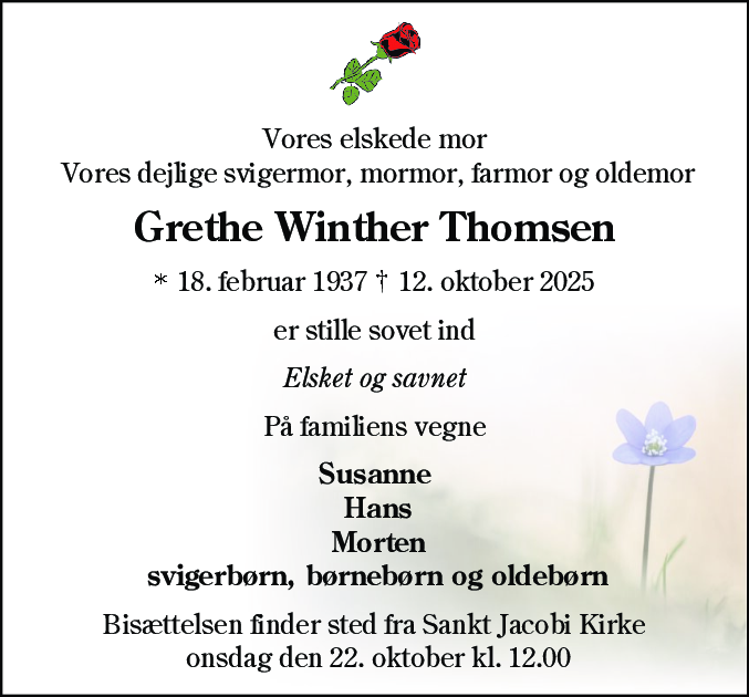 Dødsannonce for Grethe Winther Thomsen