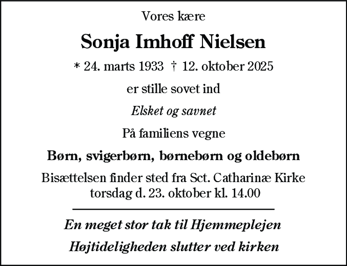 Dødsannonce for Sonja Imhoff Nielsen