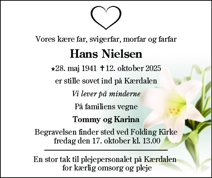 Dødsannonce for Hans Nielsen