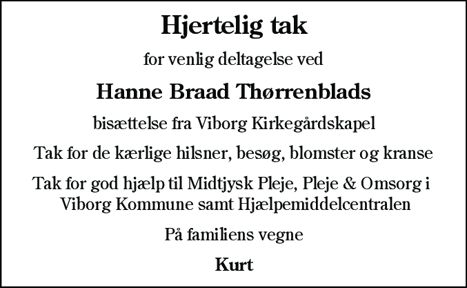 Dødsannonce for Hanne Braad Thørrenblad