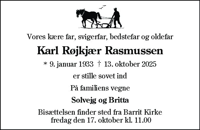 Dødsannonce for Karl Røjkjær Rasmussen