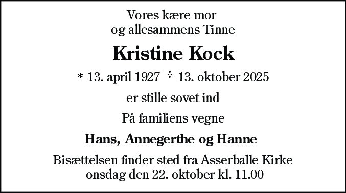 Dødsannonce for Kristine Kock