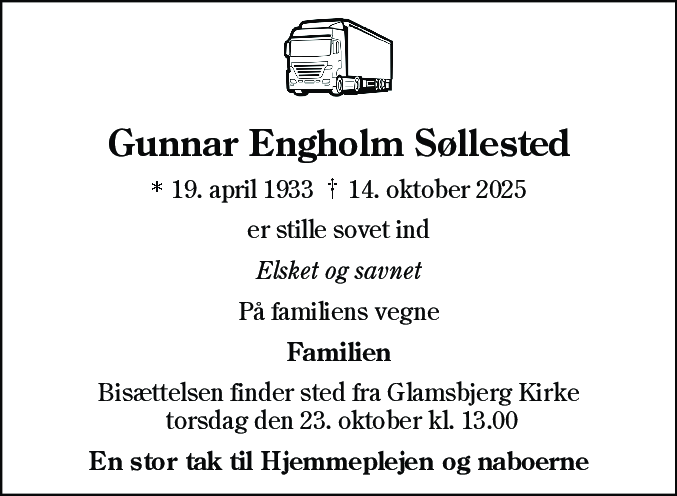 Dødsannonce for Gunnar Engholm Søllested
