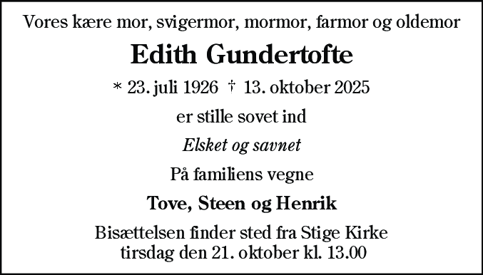 Dødsannonce for Edith Irene Gundertofte