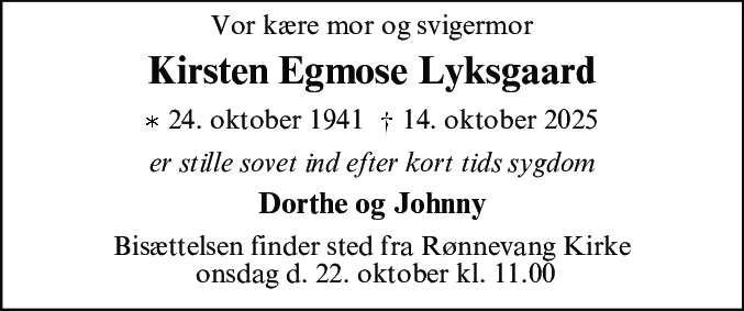 Dødsannonce for Kirsten Egmose Lyksgaard