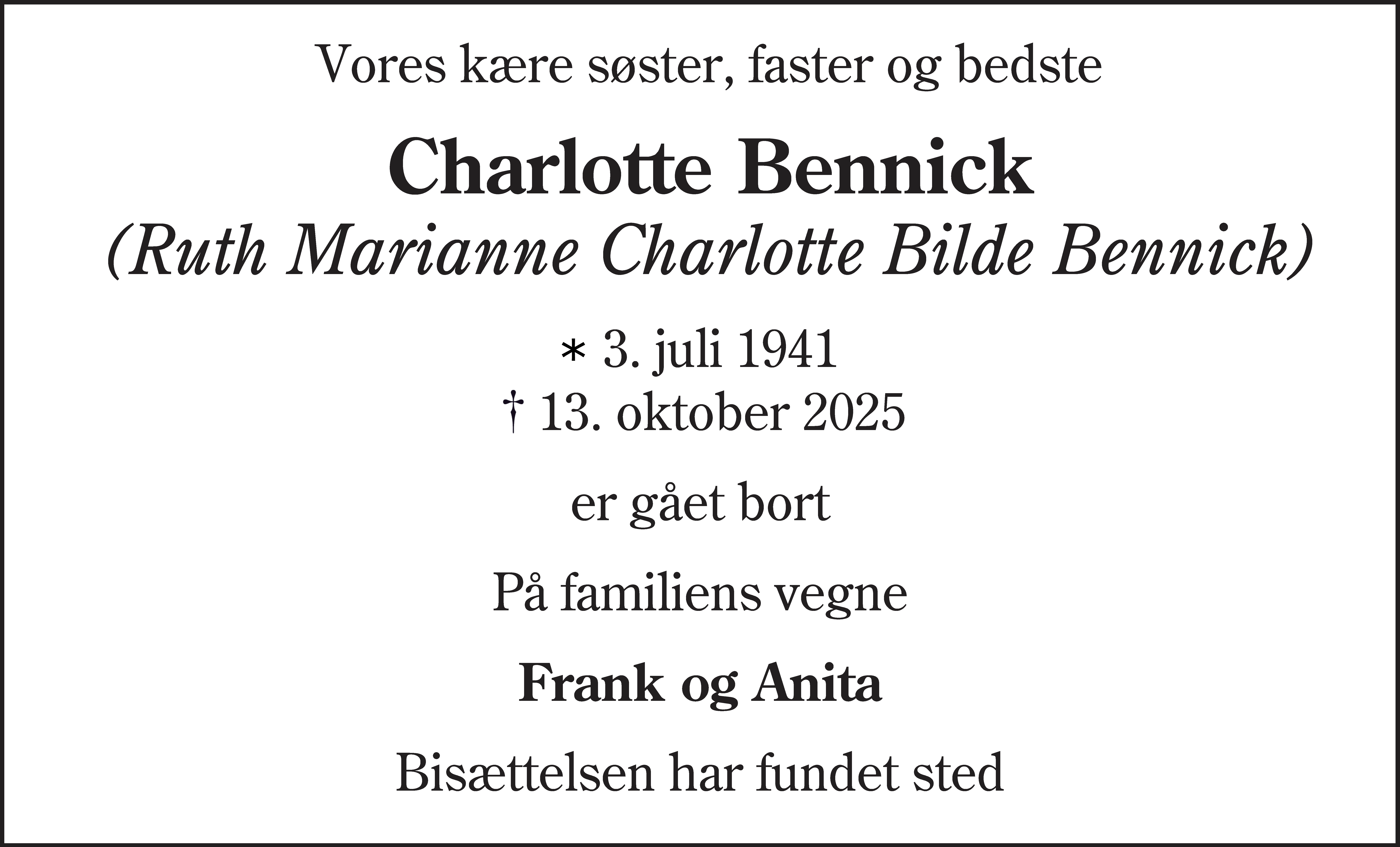 Dødsannonce for Ruth Marianne Charlotte Bennick