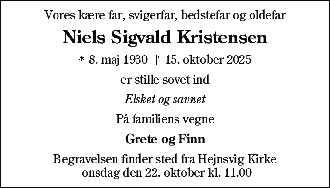Dødsannonce for Niels Sigvald Kristensen