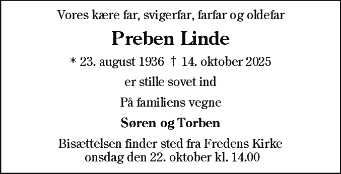 Dødsannonce for Preben Linde