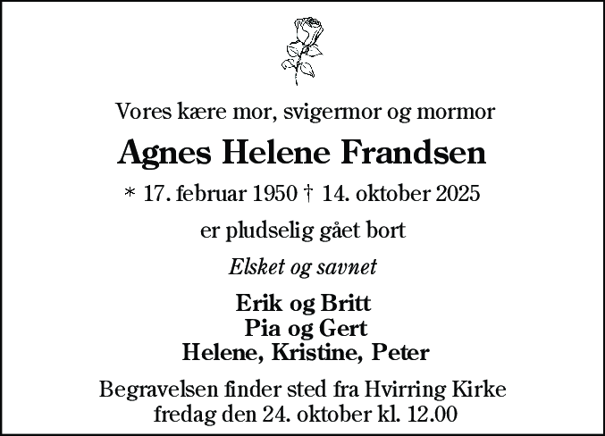 Dødsannonce for Agnes Helene Frandsen