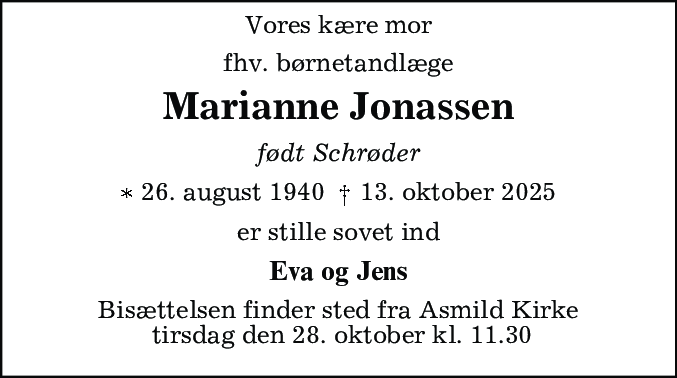 Dødsannonce for Marianne Jonassen