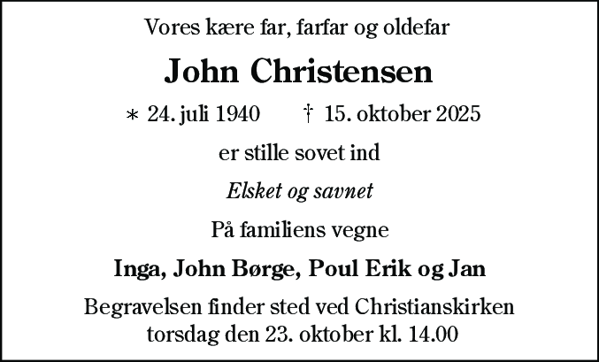 Dødsannonce for John Christensen
