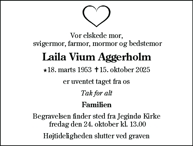 Dødsannonce for Laila Vium Aggerholm