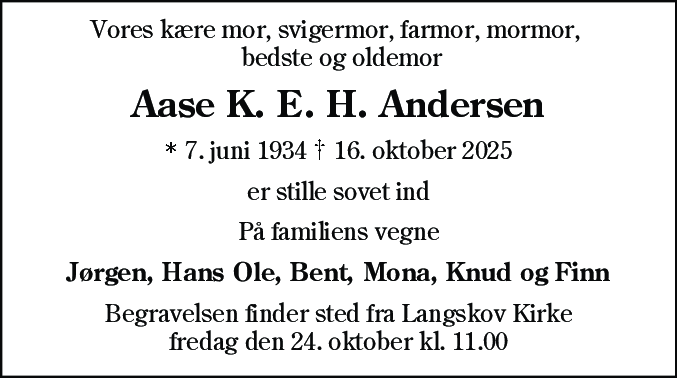 Dødsannonce for Aase Karoline Elisabeth Hagel Andersen