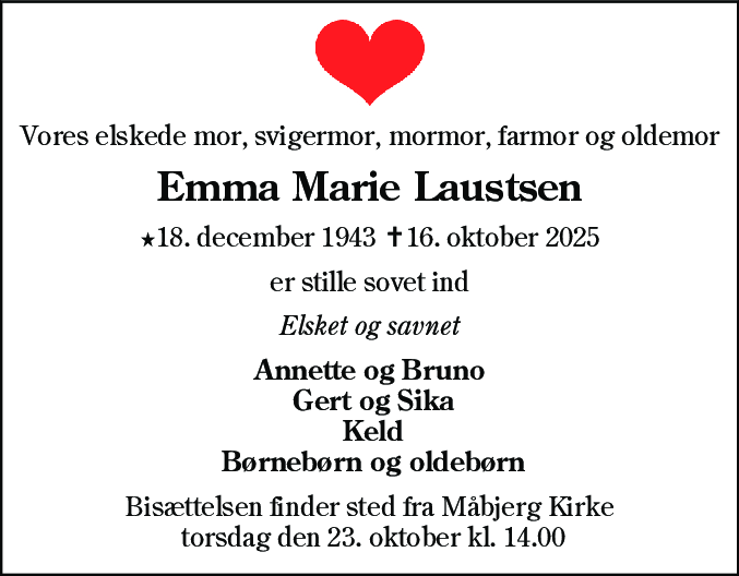 Dødsannonce for Emma Marie Laustsen