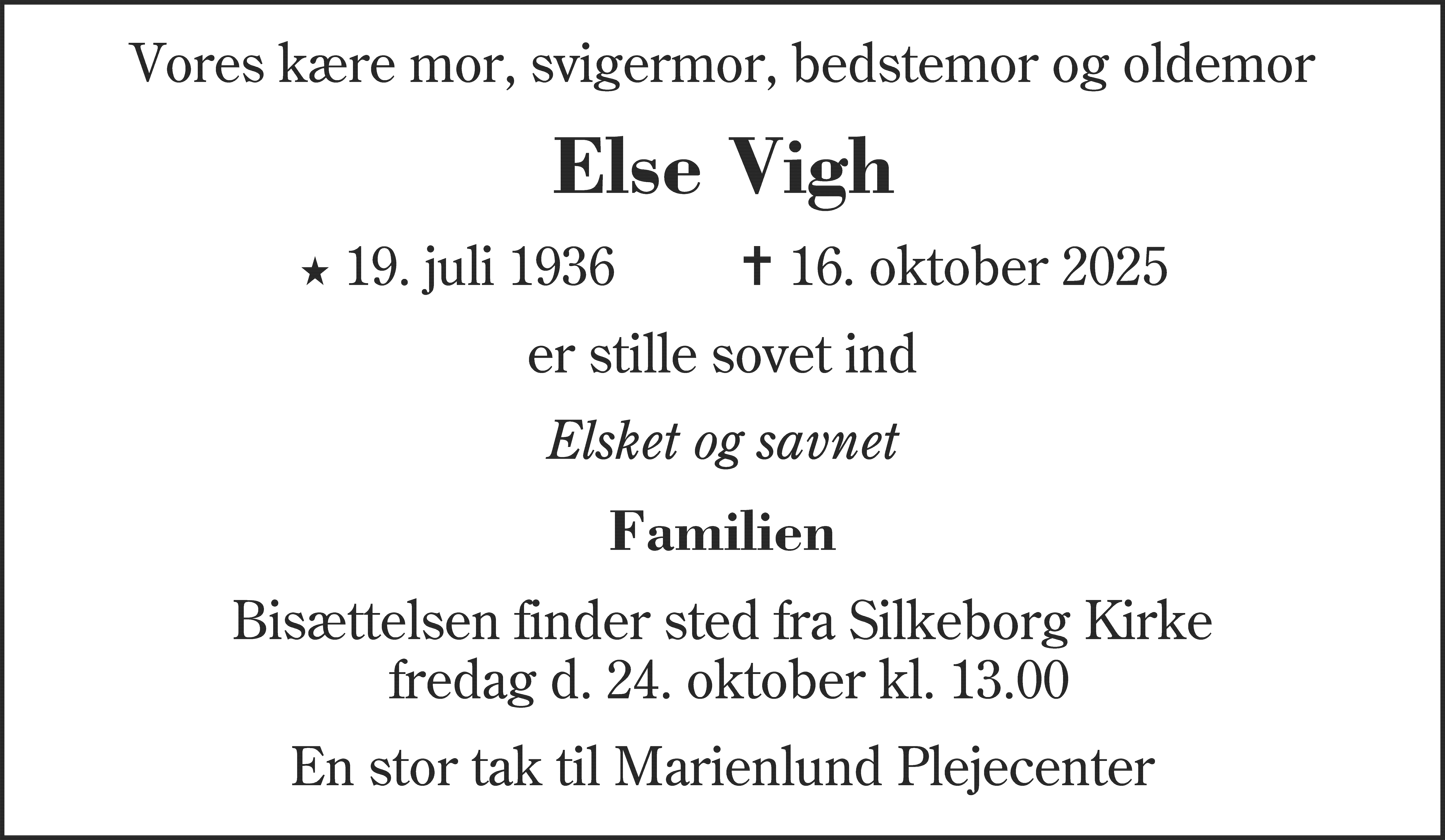 Dødsannonce for Else Vigh