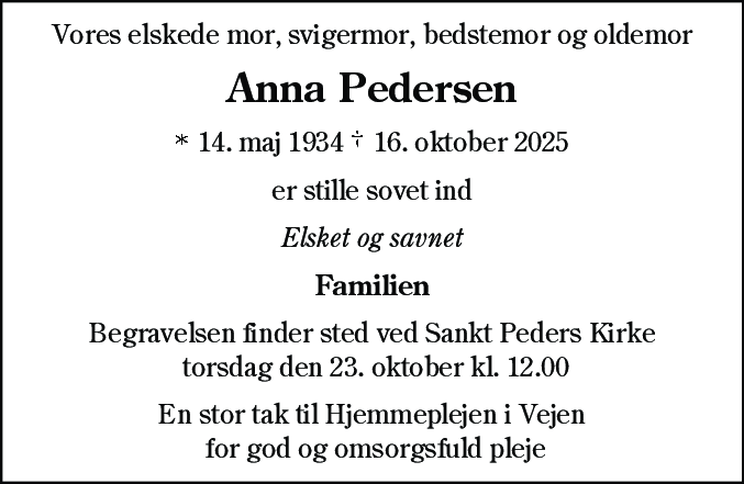 Dødsannonce for Anna Pedersen