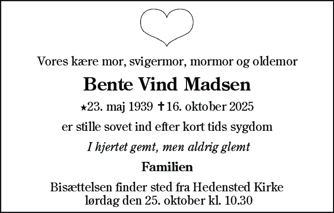 Dødsannonce for Bente Vind Madsen
