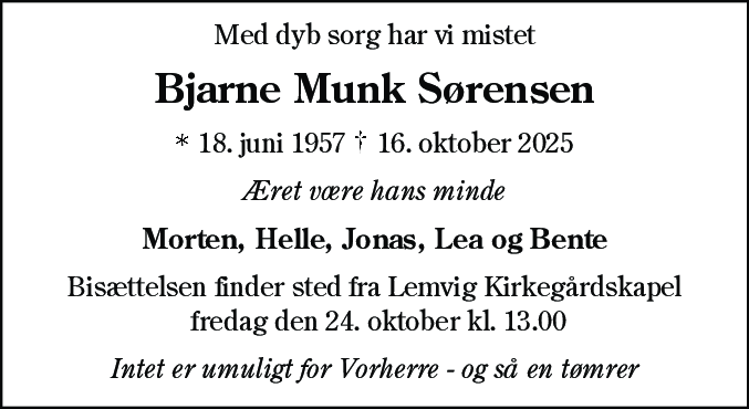 Dødsannonce for Bjarne Munk Sørensen