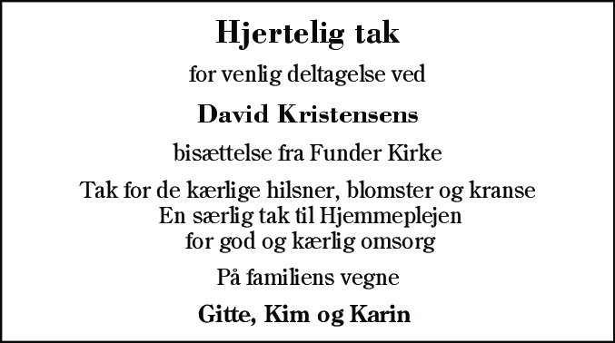 Dødsannonce for David Kristensen