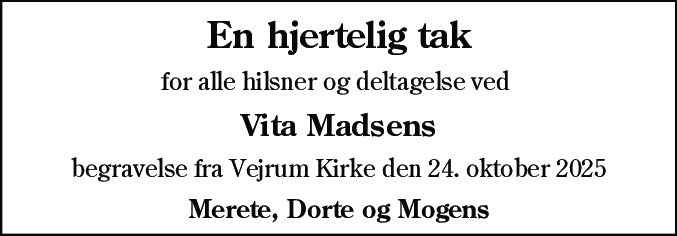 Dødsannonce for Vita Madsen
