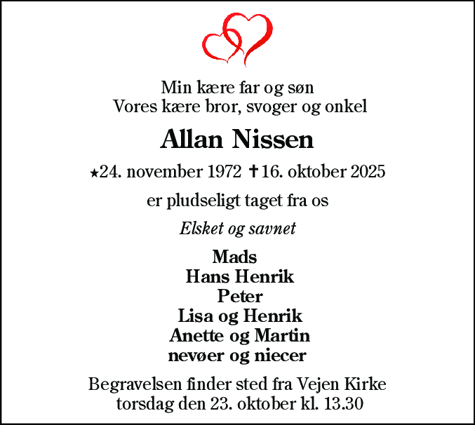 Dødsannonce for Allan Nissen