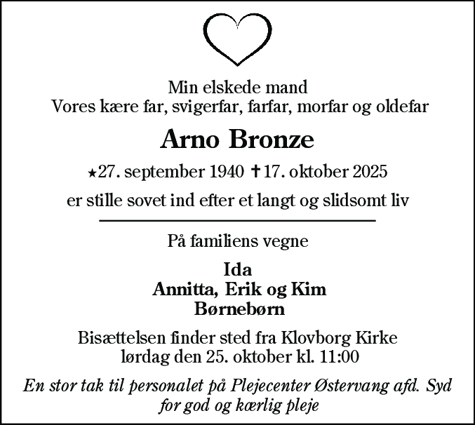 Dødsannonce for Arno Bronze