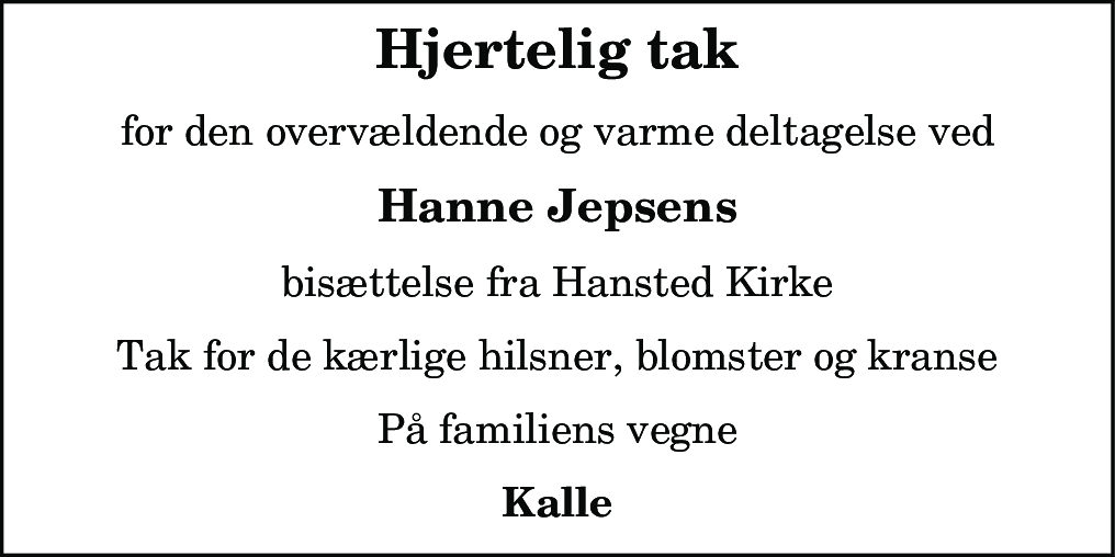 Dødsannonce for Hanne Jepsen