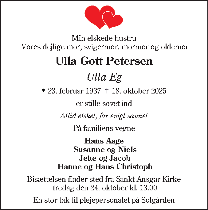Dødsannonce for Ulla Gott Petersen