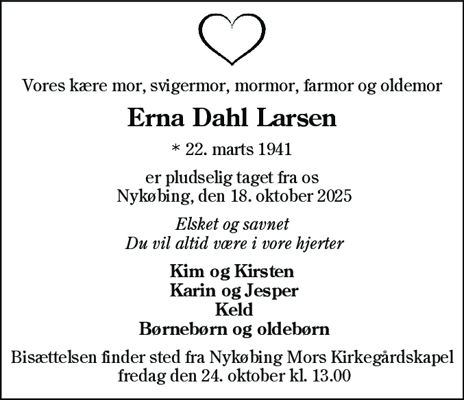 Dødsannonce for Erna Dahl Larsen